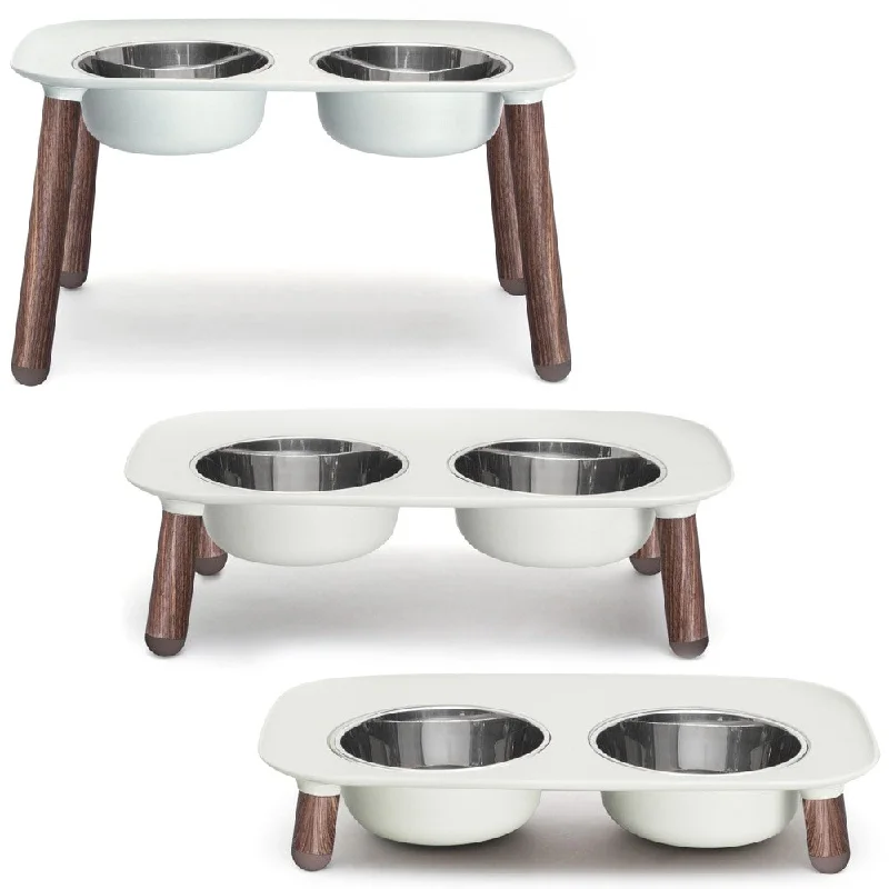 Messy Mutts Adjustable Elevated Double Feeder With Stainless Steel Dog Bowls (Light Grey, Faux Wood Legs)