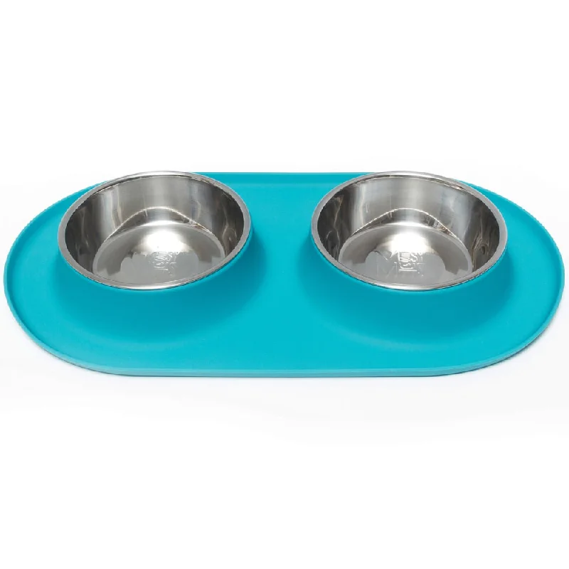 Messy Mutts Double Silicone Feeder With Stainless Steel Dog Bowls (Blue)