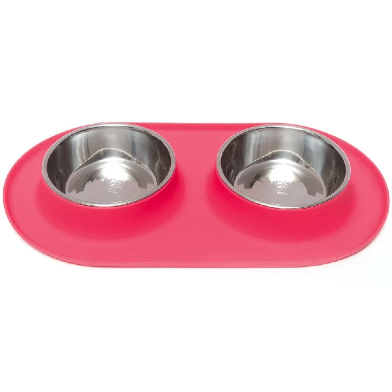 Messy Mutts Double Silicone Feeder With Stainless Steel Dog Bowls (Watermelon)