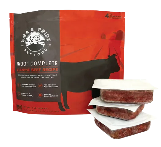 Oma's Pride Frozen Raw Woof Complete Canine Beef Recipe 6lb Bag