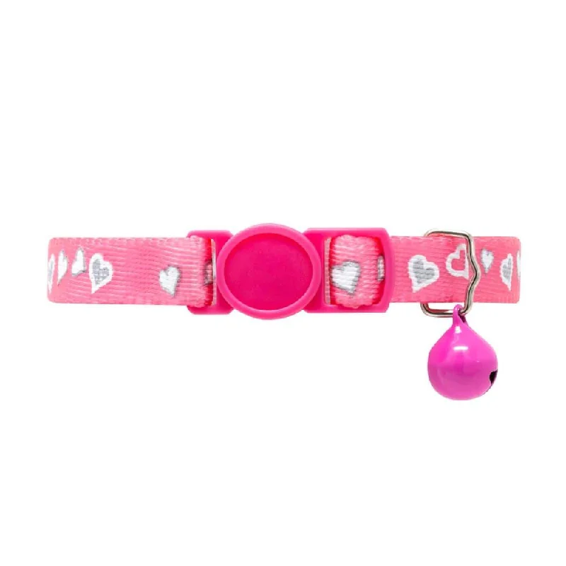 Pink Reflective Cat Collar with Hearts & Safety Release Buckle