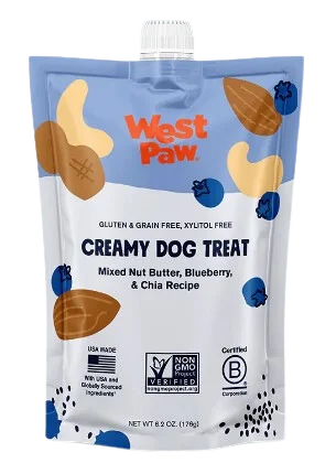 West Paw Creamy Dog Treat Mixed Nut Butter, Blueberry & Chia 6.2oz pouch