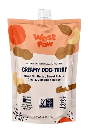 West Paw Creamy Dog Treat Mixed Nut Butter, Sweet Potato, Chia & Cinnamon 6.2oz pouch