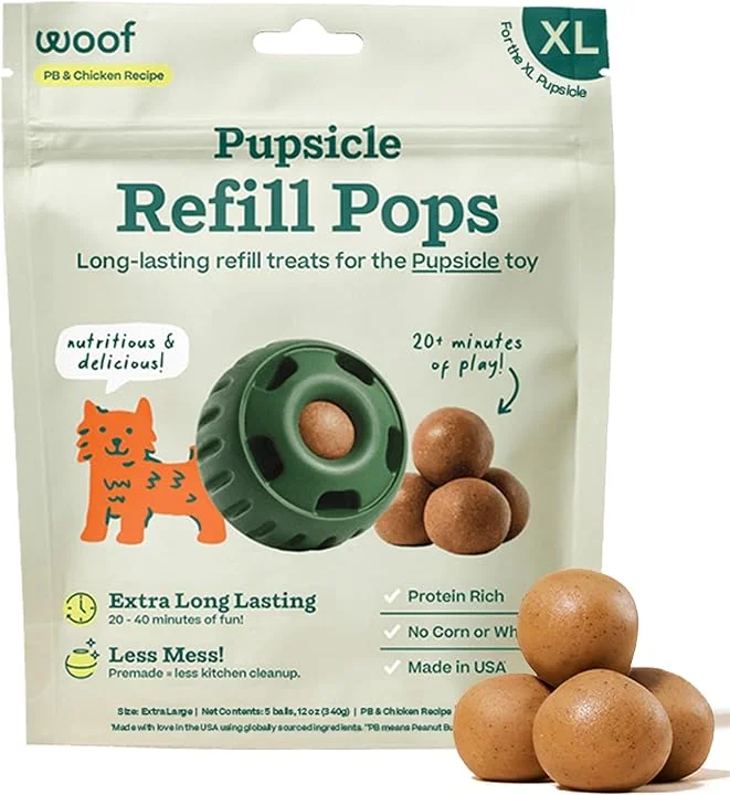 Woof Refill Treat for Pupsicle Toy - XL (75 lbs & up) - PB & Chicken Recipe - 5-pack / 12oz Bag