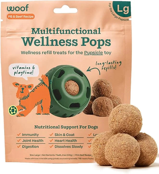 Woof Refill Treat for Pupsicle Toy - Large (25-75 lbs) - All-In-1 Health Support PB & Beef Recipe - 7-pack / 8oz Bag