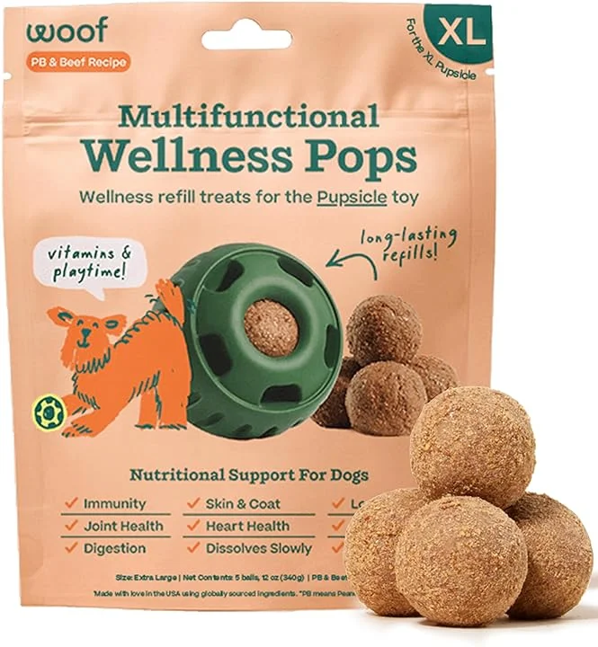 Woof Refill Treat for Pupsicle Toy - XL (75 lbs & up) - All-In-1 Health Support PB & Beef Recipe - 5-pack / 12oz Bag