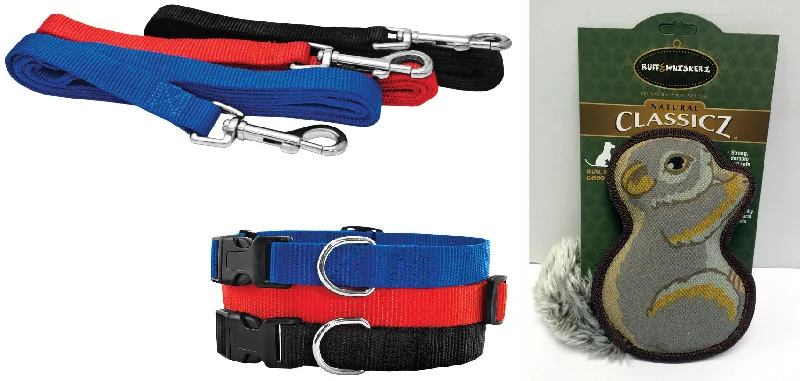 RUFFIN' IT Adjustable Collar & Leash Set (Small-Black) & "Classicz" Durable Squirrel Dog Toy