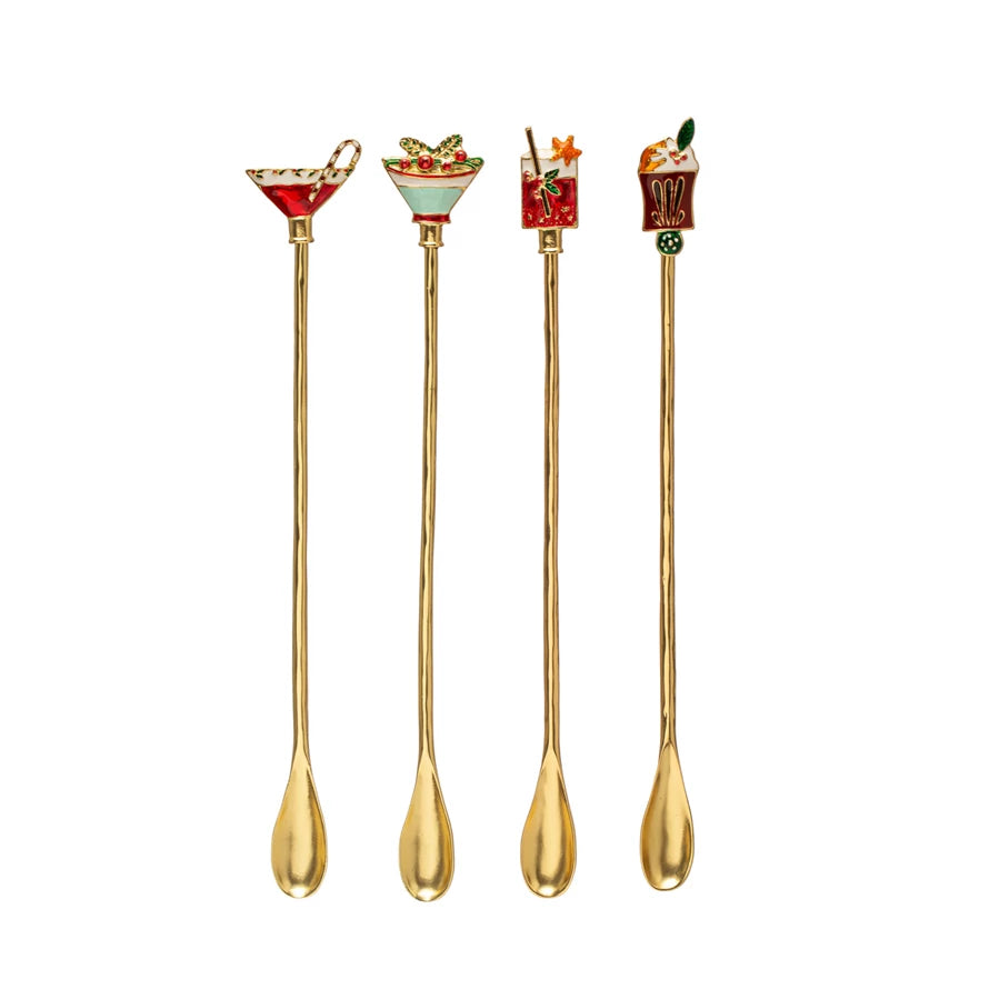 Holiday Cocktail Spoon with Enameled Beverage Icon Handle