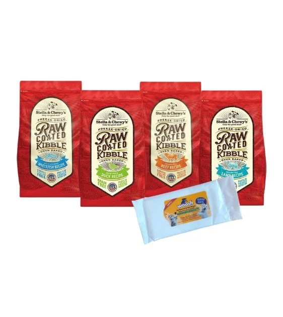 TRY & BUY: Stella & Chewy’s Grain Free Raw Coated Kibbles Dry Dog Food Trial Set (3 Random Flavours + Free Woosh Wipes)